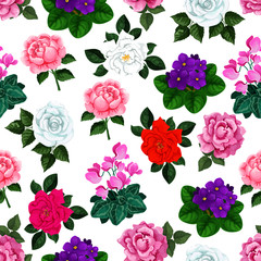 Seamless pattern of vector garden flowers bouquets