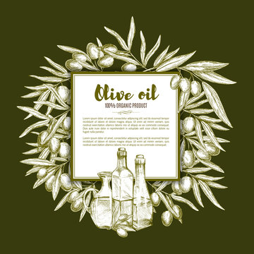 Olive oil and fruit sketch poster with copy space