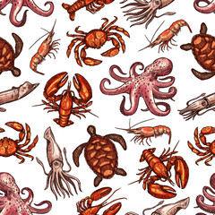 Seafood seamless pattern with sea animals