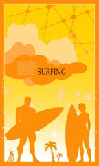 Woman and man posing with surfboard. Vintage Surfing Graphic. Palm and lifeguard tower. Brochure, report or cover design. Molecule And Communication gradient Backdrop. Connected lines and dots