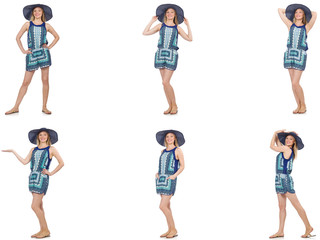 Obraz premium Collage of woman in blue dress and panama on white