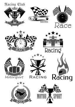 Car races or sport motor racing club vector icons