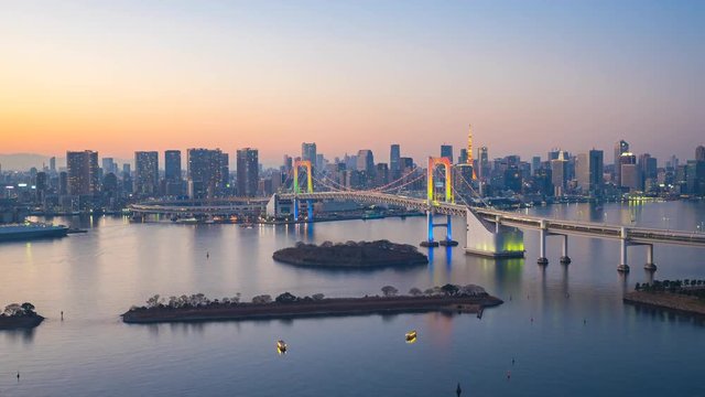 Day to Night Time Lapse Tokyo city skyline view of Tokyo Harbor in Japan
