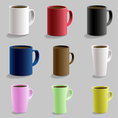 Set of various shaped mug cup for hot drink caffe. Isolated detailed realistic 3d vector with shadow. Black red pink yellow blue white color