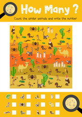 Counting game of desert animals for preschool kids activity worksheet layout in A4 colorful printable version. Vector Illustration.