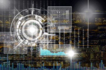 Virtual screen and digital cyber over the city at night background, Elements of this image furnished by NASA, Business and technology concept