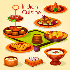 Indian cuisine lunch with dessert cartoon icon