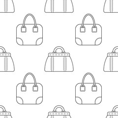 Black and white seamless illustration, pattern of fashion bags for coloring book, page.