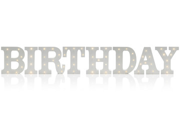 Illuminated Decorative Letters Spelling BIRTHDAY Over White Background
