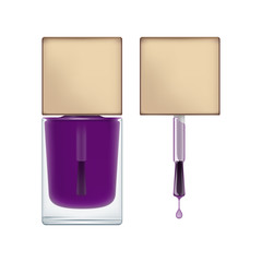 Realistic package for nail polish. Brush with cap and transperent glass bottle. Blank template of container with purple varnish for manicure. Vector illustration isolated on white.