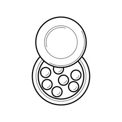 Thin line open container with face powder pearls. Package of colored meteorites cosmetic corrector for makeup in box. Outline balls for make-up in jar - vector illustration isolated on white