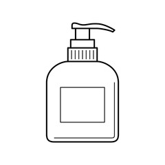 Fototapeta premium Thin line icon of plastic bottle with dispenser. Empty and clean plastic container with pump for liquid soap, care cream, shampoo, body cream.
