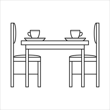 Table and chairs in dinning room. Flat vector icon in simple outline style. Interior element of house kitchen furniture in thin line. Black thin linear illustration isolated on white background.