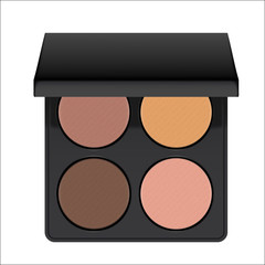 Realistic nudes eyeshadow palette. Package with eye shadow for nude makeup: brown, beige and pink. Containers of cosmetic product for beauty eyes. Vector illustration isolated on white background.