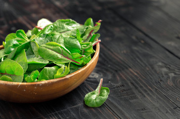 Wooden plate with mix of fresh leaf salad close up
