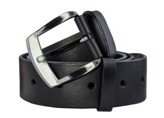 Rolled men's leather belt with metal buckle isolated on white background