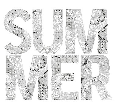 Word SUMMER for coloring. Vector decorative zentangle object