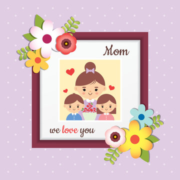 Happy Mother's Day. Picture of cartoon mother with daughter and son. Photo frame with flower decor on polka dot background. Vector illustration.