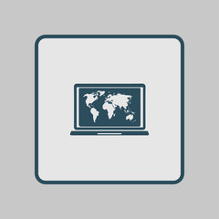 Laptop and world map illustration. World map geography symbol.  Flat design style. 