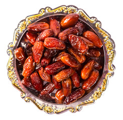 Beautiful Dates fruit on a silver tray isolation on white background. The Muslim feast of the holy month of Ramadan Kareem.