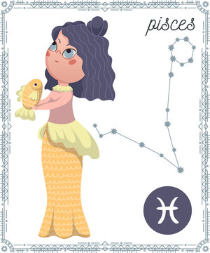 Zodiac sign Pisces. Funny cartoon character. Vector illustration