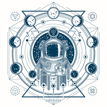 Vector illustration of a astronaut in a space suit in the background of a night starry sky, geometric sketch of a tattoo with moon phases. Print