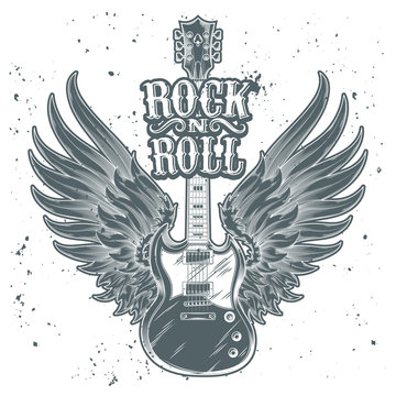 Vector monochrome illustration of an electric guitar with wings. Design element for the advertising poster of the rock festival, sketch for the tattoo, print for the t-shirts