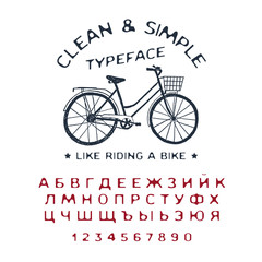 Hand drawn Clean & Simple font. Cyrillic alphabet vector letters, numbers, and signs. Vintage bicycle vector illustration.