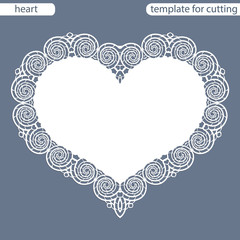 Greeting card with openwork border, paper doily under the cake, template for cutting in the form of heart, valentine card,  wedding invitation, decorative plate is laser cut,  vector illustrations.