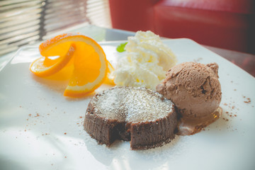 chocolate lava cake set with ice cream