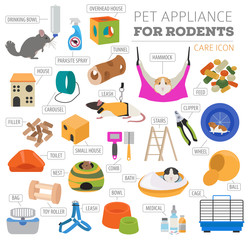 Pet appliance icon set flat style isolated on white. Rodents care collection. Create own infographic about guinea pig, rat, hamster, chinchilla, mouse, rabbit