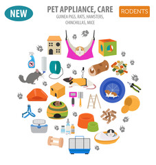 Pet appliance icon set flat style isolated on white. Rodents care collection. Create own infographic about guinea pig, rat, hamster, chinchilla, mouse, rabbit