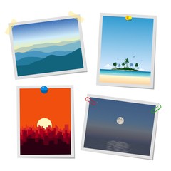 Photo of landscape, mountains, island, city and sea. Cards or reminders templates attached with pushpins, paperclips and scotch tape vector illustrations collection.
