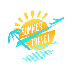 Vector illustration of summer travel with plane, sun, palm trees and the sea