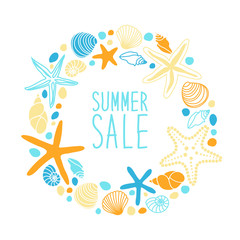 Cute vintage frame with hand drawn shells and starfishes and hand written text Summer Sale