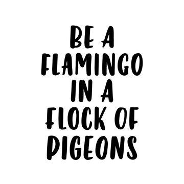 The calligraphic quote  "Be a flamingo in a flock of pigeons " handwritten of black ink on a white background. It can be used for phone case, poster, t-shirt, mug etc.