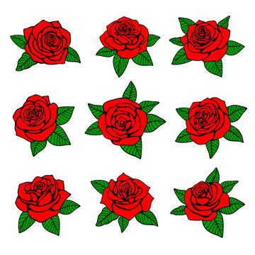 Red roses with green leaves vector design for tattoo