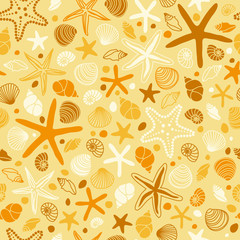 Cute vintage seamless pattern with hand drawn shells and starfishes