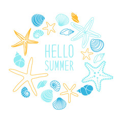Cute vintage frame with hand drawn shells and starfishes and hand written text Hello Summer