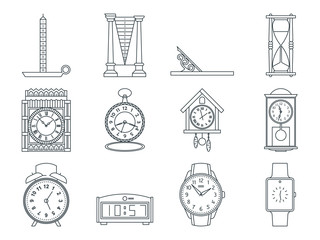 Time and clocks signs set. Watch icons. Line style illustrations isolated. From retro to modern collection. Classic hourglass and digital design.
