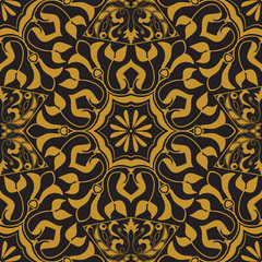 Vector seamless texture. Golden vintage pattern on black background. Arabesque and floral ornaments