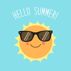 Hello Summer card as cute hand drawn smiling cartoon character of Sun