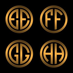 Set 1 of templates from two capital Golden letters on a black background E, F, G, H inscribed in a oval. To create logos, emblems, monograms.