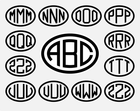 Set 2 of templates from three capital letters inscribed in a oval. From wide lines of the same thickness. To create logos, emblems, monograms. Lineart style.