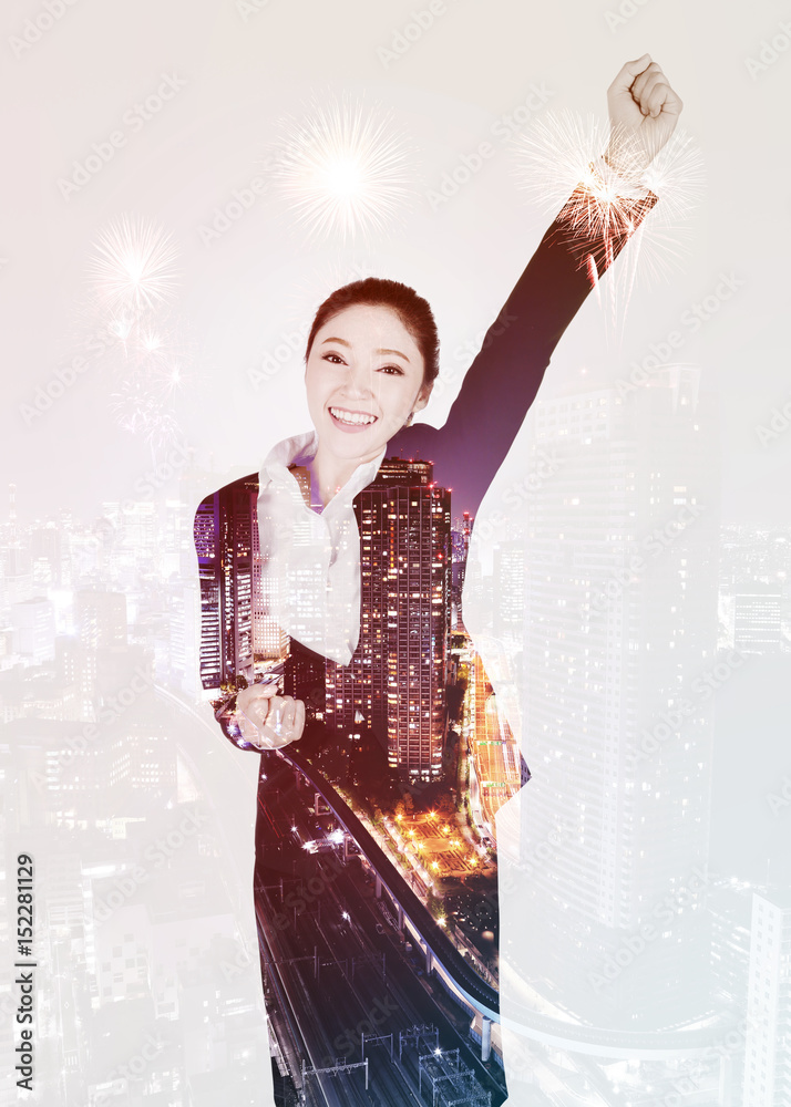 Wall mural double exposure of success business woman with city firework background