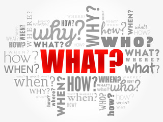 Questions whose answers are considered basic in information gathering or problem solving, word cloud background