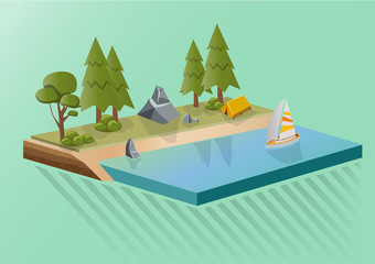 Campsite in forest with yacht ; vector illustration
