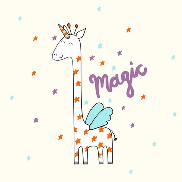 Magic cute giraffe. Cute Hand Drawn greeting card.