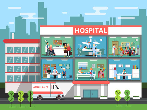 Hospital Rooms With Medical Personnels, Doctors And Patients. Clinic Building Vector Illustrations