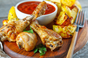 Baked potatoes with chicken and sauce on a wooden board.